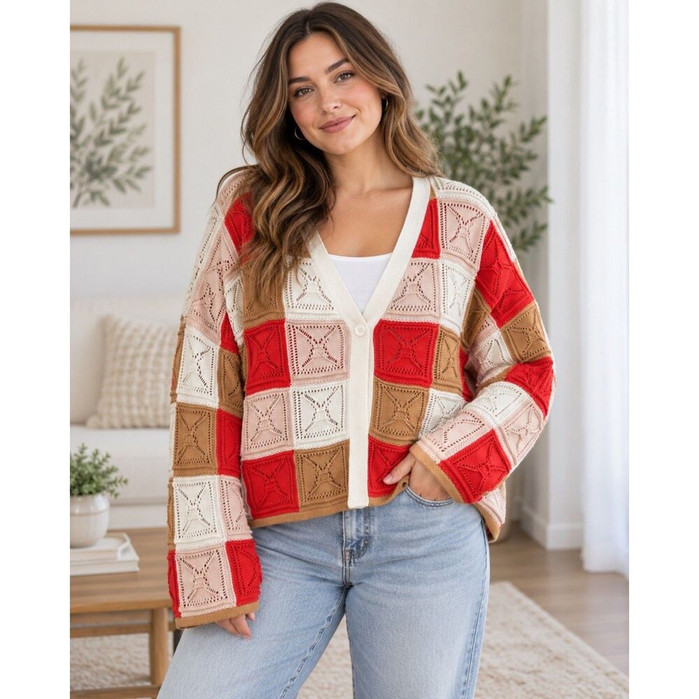 The Drop 3X Crochet Granny Square Cardigan 100% Cotton Colorblock Boho
